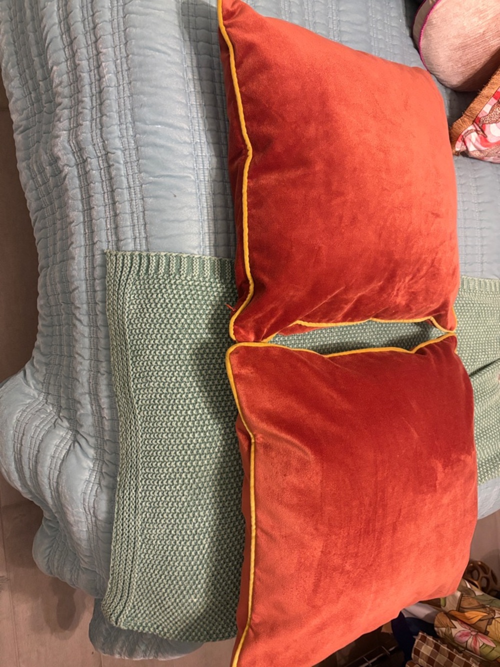 Orange Velvet Throw Pillows with Yellow Piping - Set of 2